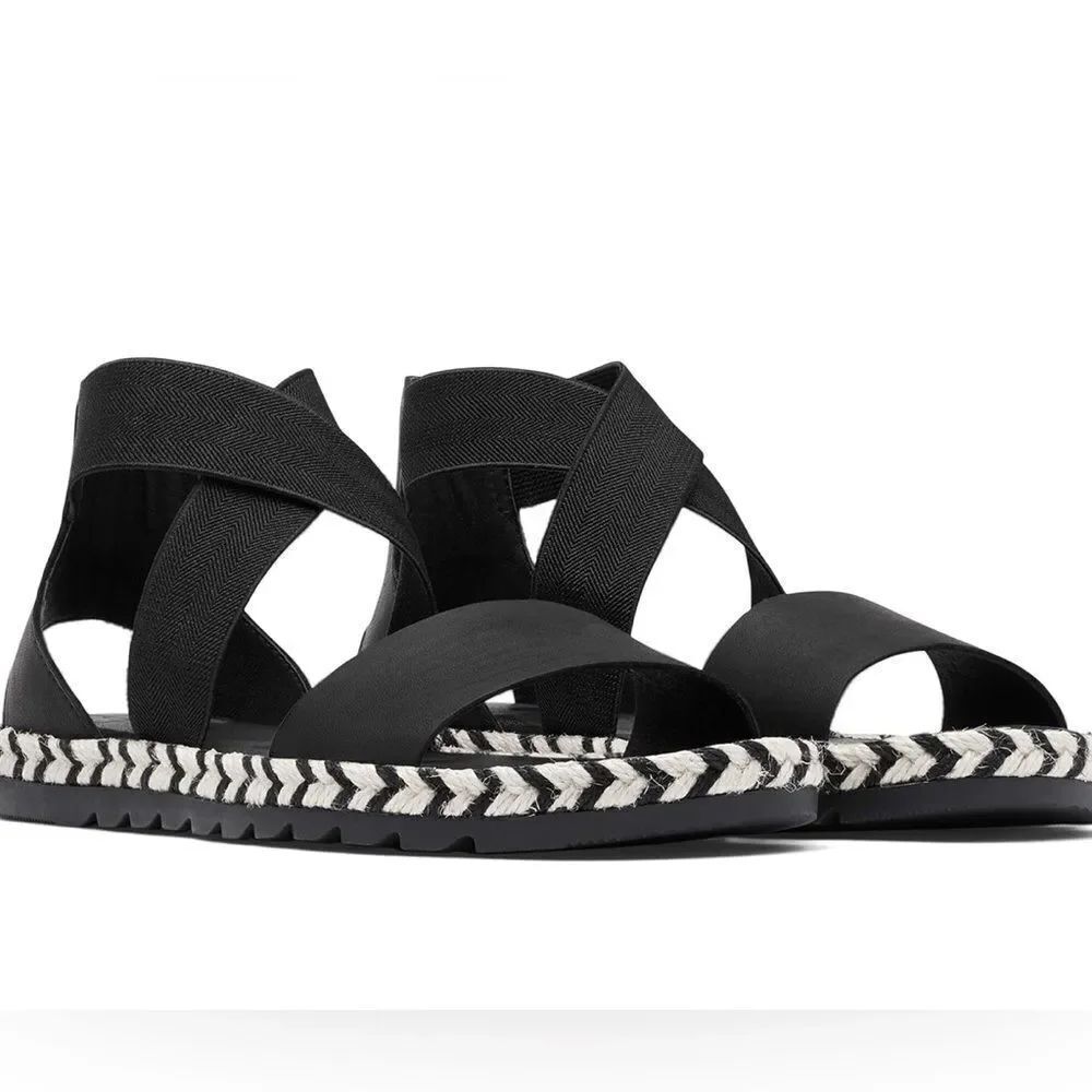 Sorel Ella lI Black Leather Arrow Chevron Jute Espadrille Elastic Sandal EUC SZ9